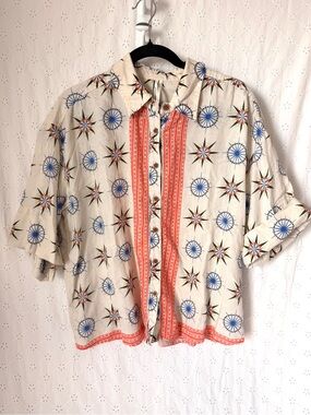 Anthropologie Cream Button-Down Shirt with Blue and Orange Starburst Motif